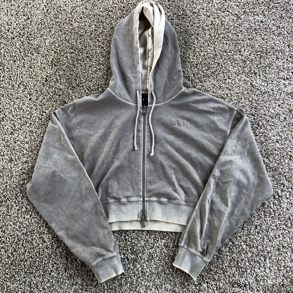 Kith Cropped Full Zip Hoodie Womens Medium Stonewash Gray Drawstrings Casual